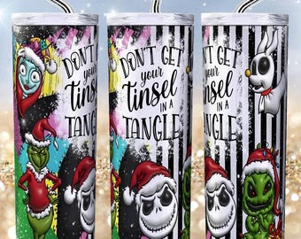 May include: Three stainless steel tumblers with black and white striped straws. Each tumbler features characters from The Nightmare Before Christmas, with the text "DON'T get your tinsel in a tangle."