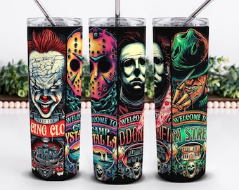 Spooky Halloween Tumbler Wrap Horror Movie Characters Design (PNG)