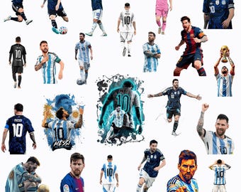 May include: A collection of stickers featuring Lionel Messi in various soccer poses, wearing different team jerseys including Argentina's blue and white stripes, dark blue kits, and a pink jersey, with some designs showing the number 10.