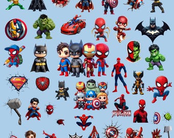 May include: A collection of various stickers featuring chibi-style superheroes including Spider-Man, Batman, Iron Man, Superman, Captain America, Hulk, Aquaman, Wolverine, and Flash, along with icons like shields, hammers, and spider webs.