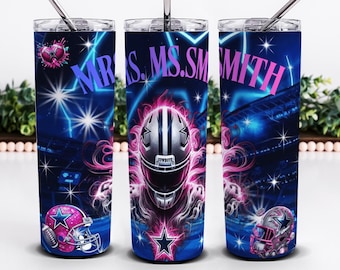 May include: A set of three stainless steel tumblers with a vibrant design. The tumblers feature a football helmet, a football, and the text "MRS. MS. SMITH" against a blue and pink background with a stadium theme.