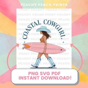 Coastal Cowgirl SVG PNG PDF, Retro Western Surf Girl Clipart, Digital Download for Cricut & Sublimation, California Beach, Instant Download