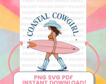 Cowgirl costiera in formato SVG PNG PDF, Clipart di ragazza surfista western retrò, download digitale per Cricut e sublimazione, spiaggia californiana, download istantaneo