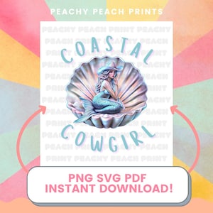 Clipart de vaquera costera, vaquera pastel PNG SVG PDF, arte playero del oeste, estética de sirena veraniega, arte digital de sirena con concha
