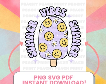Summer Vibes SVG PNG PDF, Retro Popsicle Smiley Clipart, Digital Design for Cricut & Sublimation, Summer Coquette, Retro Summer Design