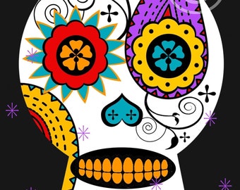 Halloween Art, Illustration, Dia de los Muertos, Skull, 5x7, Black, White, Day of the Dead, Digital Download, Colorful, Eclectic