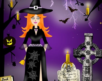 Halloween Art, Wendy Witch & her Black Cat Coventina, Graveyard Illustration ~ 8x10