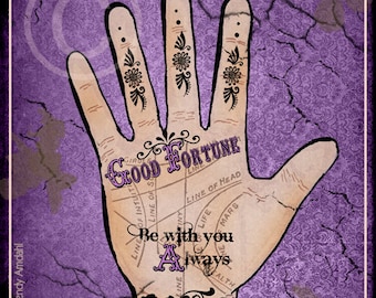 Halloween Art, Illustration, Palmistry Hand, Purple, Poster Art, Advertisement, Fortune Telling, 5x7, Digital Download, Vintage, Eclectic