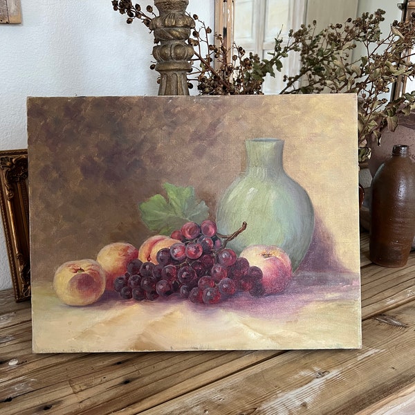 French oil canvas, vintage painting fruit, French country, farmhouse, English cottage,