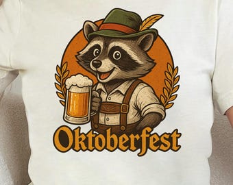 May include: Cream-colored t-shirt featuring a cartoon raccoon in lederhosen holding a beer stein. The raccoon wears a green hat with a feather. The word "Oktoberfest" is printed in orange below the raccoon.