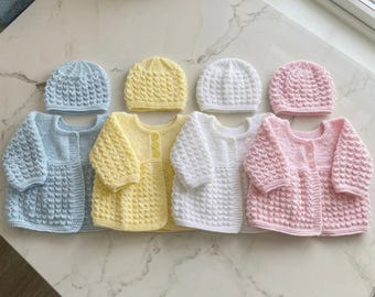 Hand Knitted Baby Matinee Cardigan and Hat Set | 0 to 3 Months | Baby Shower Gift |  White, Pink, Blue, Yellow