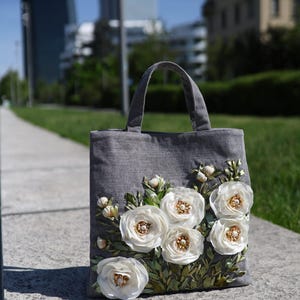 Handmade Floral Silk Ribbon Embroidered Cotton Bag: Eco-Friendly Tote