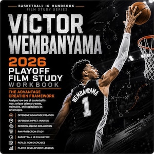 May include: A square workbook cover titled Basketball IQ Handbook Film Study Series Victor Wembanyama 2026 Playoff Film Study Workbook. It features a basketball player in a black jersey with the number 1 reaching for a hoop with a ball.
