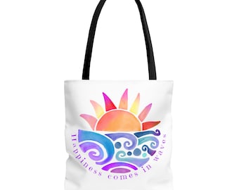 Sunrise Waves Tote Bag - Happiness Comes in Waves Beach Bag, Eco-Friendly Shopping Tote, Summer Travel Accessory, Gift for Ocean Lovers