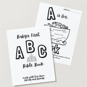 Può includere: Pagine da colorare stampabili in bianco e nero per il primo libro di ABC della Bibbia per bambini. La copertina presenta le lettere A, B e C con una Bibbia e una croce. La prima pagina mostra la lettera A e un'illustrazione in bianco e nero dell'Arca di Noè.