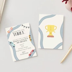 Editable Canva Twin Birthday Invitation | Instant Download | Customizable Twin Party Invite l YOUNG, FAST, THREE