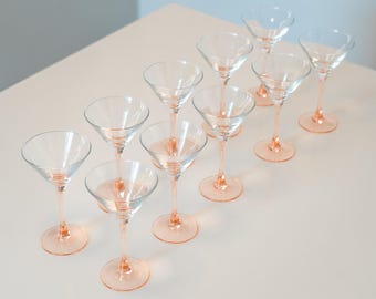 Ensemble de 10 verres à martini vintage, verres à cocktail à pied transparent et pêche, élégants verres d'art pour bar