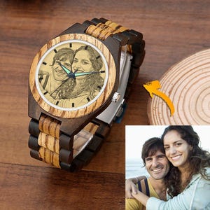 Engraved Wooden Photo Watch, Personalized Wood Watch 45mm, Custom Boyfriend Gift for Men, Men&#39;s Watch, Anniversary Gift, Husband or Dad Gift