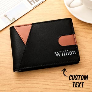 Cartera de cuero con nombre grabado, billetera plegable personalizada para hombre con texto, regalo personalizado para novio, billetera para hombre, regalo de aniversario, esposo o papá.