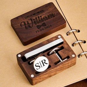 Personalized Cufflinks Tie Clip Box For Men, Engraved Groomsmen Cufflinks, Wedding Cufflinks & Tie Clip Set, Custom Wooden Groomsmen Gift