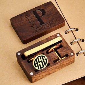 Personalized Cufflinks Tie Clip Box For Men, Engraved Groomsmen Cufflinks, Wedding Cufflinks & Tie Clip Set, Custom Wooden Groomsmen Gift