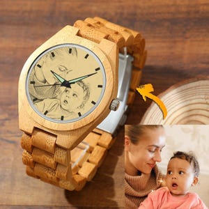 Engraved Wooden Photo Watch, Personalized Wood Watch 45mm, Custom Boyfriend Gift for Men, Men&#39;s Watch, Anniversary Gift, Husband or Dad Gift