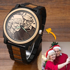 Engraved Wooden Photo Watch, Personalized Wood Watch 45mm, Custom Boyfriend Gift for Men, Men&#39;s Watch, Anniversary Gift, Husband or Dad Gift