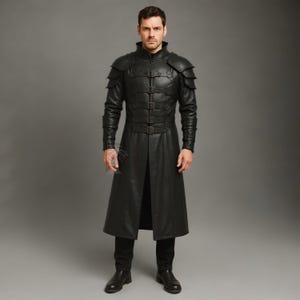 Men&#39;s Black Medieval Leather Armor Coat | Gothic Warrior Costume | Cosplay Knight Jacket | Renaissance Fantasy Outfit | Steampunk Overcoat
