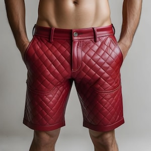 Handmade Men&#39;s Red Quilted Leather Shorts |  Genuine Sexy Leather Shorts | Summer Shorts | Bikers Shorts | Booty Shorts | Beach Shorts