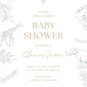 Faire-part modifiable pour baby shower : lot d'amis du zoo de bébé | Faire-parts baby shower neutres en matière de genre, plaque de bienvenue et carte de remerciement
