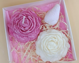Palm Wax Floral Candle Set in Gift Box, Handmade Rose Decor, Romantic Present