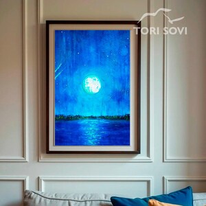 Blauer Mond Wandkunst, Nachthimmel druckbare Kunst, ruhige See digitale Kunst, Vollmond Spiegelung Poster, ruhige Nacht Dekor, Sofort-Download