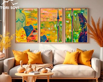 Afrikanische abstrakte druckbare Wandkunst – buntes Triptychon Digital-Download – Afrikanisches Kunst-Plakat – Ethnischer Digitaldruck