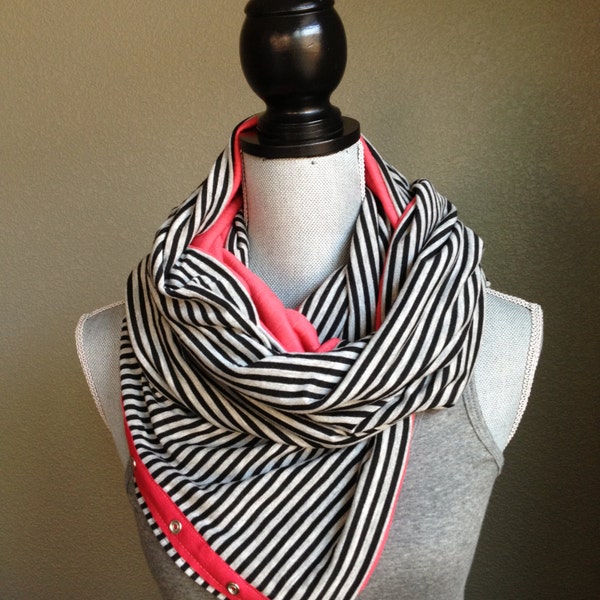 Jersey snap scarf in black/grey stripe and coral