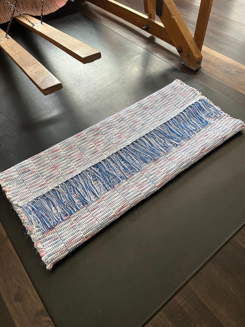Hand Woven Rag Rug- 30x60 Inch, Blue/white/red Patterned, Farmhouse ...