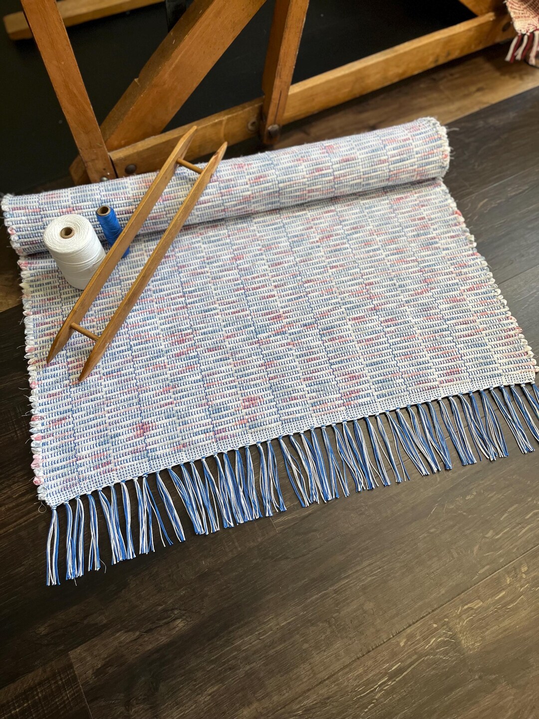 2 String Rag Rug Hand Woven Rag Rug- 30x60 Inch, Blue/white/red Patterned, Farmhouse ...