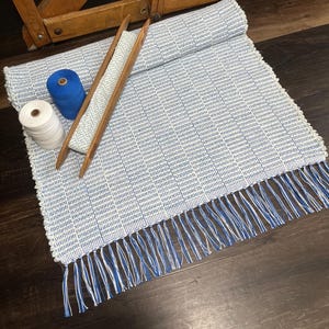 Hand Woven Rag Rug-  blue & white ladder pattern , (26x51.5 inch), Farmhouse, Cottagecore
