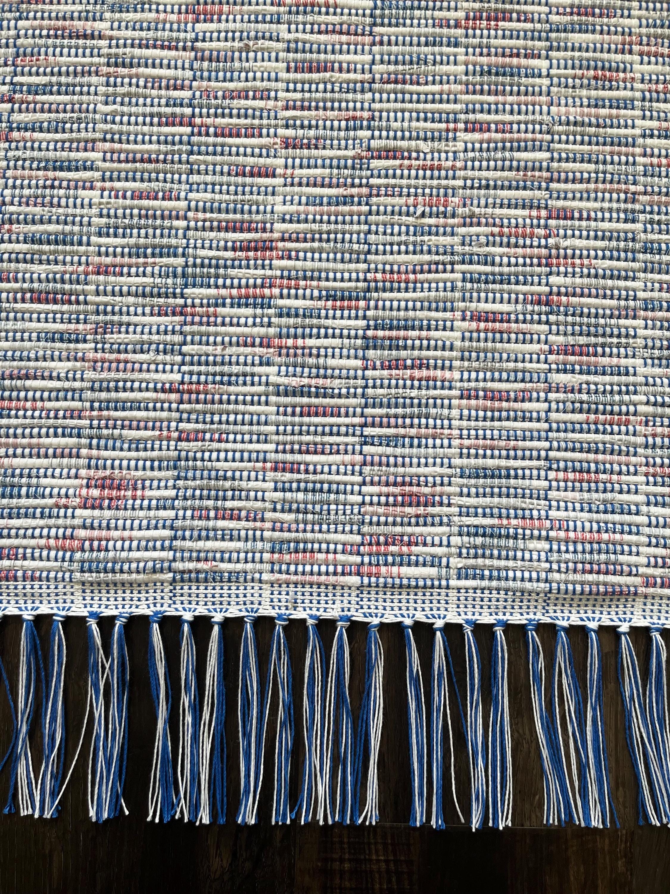 Hand Woven Rag Rug- 30x60 Inch, Blue/white/red Patterned, Farmhouse ...