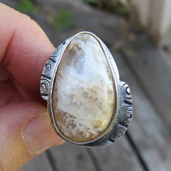 Native American Inspired Plume Agate Sterling Silver Ring - Size 8-1/2