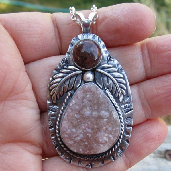 Native American Inspired Druzy Quartz and Jasper Sterling Silver Pendant