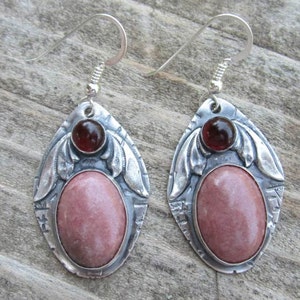 Native American Inspired Rhodonite and Garnet Sterling Silver Earrings