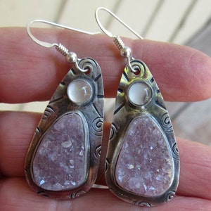 Native American Inspired Druzy Amethyst and Moonstone Sterling Silver Earrings