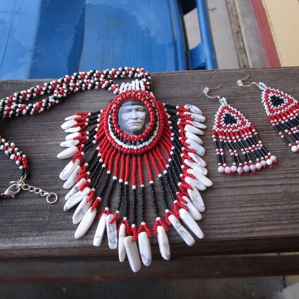 Native American Inspired Bead Embroidered Necklace and Earrings