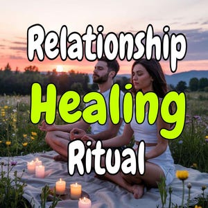 Op de afbeelding: Twee personen zitten in een meditatieve houding op een lichtgekleurde deken in een veld met wilde bloemen bij zonsondergang. Vijf witte stompkaarsen staan op de deken. De tekst "Relationship Healing Ritual" is in grote letters over de afbeelding geplaatst.