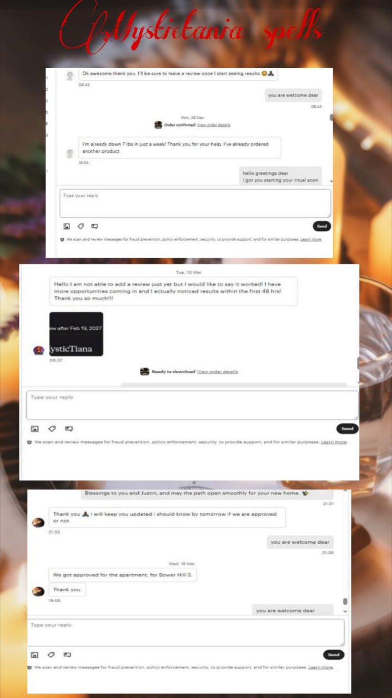 May include: Screenshot of customer reviews and testimonials. The image shows a series of chat messages with positive feedback, including weight loss and apartment approval. The text includes phrases like "awesome thank you" and "you are welcome dear."