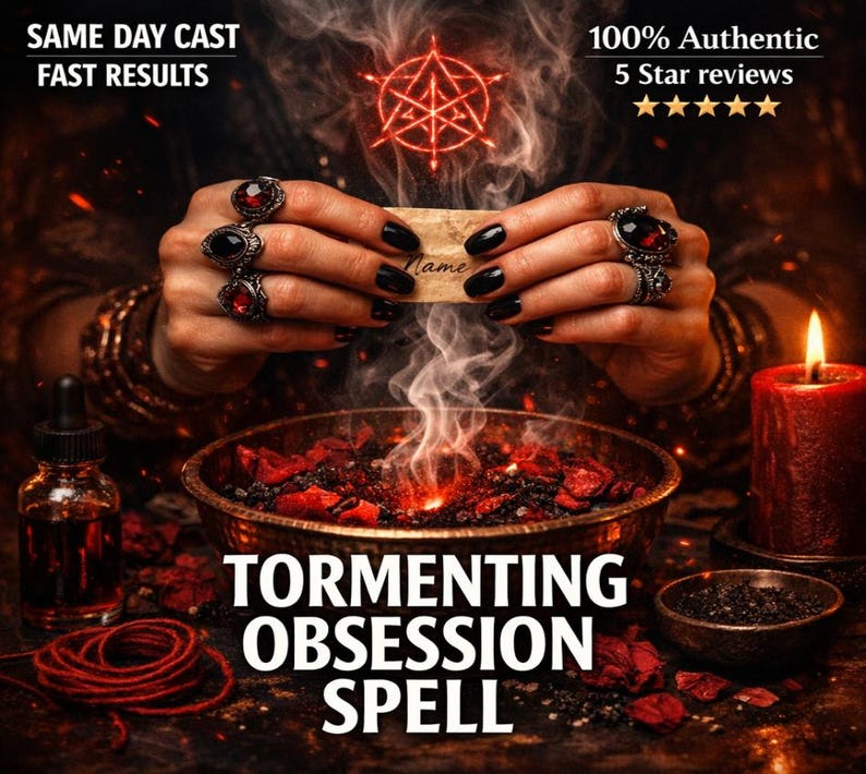 Puede incluir: Imagen de una escena ritual&iacute;stica con una vela encendida, un cuenco con p&eacute;talos rojos y una peque&ntilde;a botella. El texto "TORMENTING OBSESSION SPELL" est&aacute; presente. Una mano sostiene una tarjeta con la palabra "Name", rodeada de anillos.