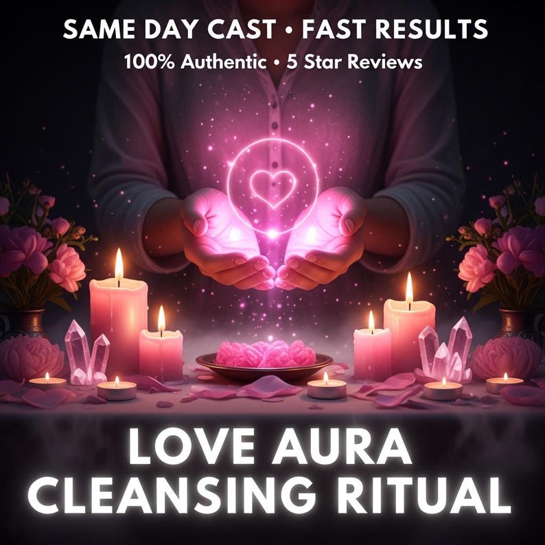 Puede incluir: Imagen que promociona un ritual de limpieza del aura de amor. La escena presenta velas encendidas, cristales y un s&iacute;mbolo de coraz&oacute;n brillante. El texto incluye "SAME DAY CAST, FAST RESULTS, 100% Authentic, 5 Star Reviews" y "LOVE AURA CLEANSING RITUAL."