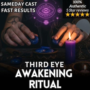 May include: An image advertising a Third Eye Awakening Ritual. A lit purple candle, blue stones, and the text "SAMEDAY CAST FAST RESULTS" and "THIRD EYE AWAKENING RITUAL" are visible. The image also includes the text "100% Authentic 5 Star reviews".