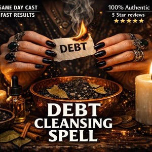 May include: An image advertising a debt cleansing spell. A piece of paper with the word "DEBT" is burning. The image includes a bowl with herbs, candles, and the text "DEBT CLEANSING SPELL". The text "SAME DAY CAST, FAST RESULTS" and "100% Authentic, 5 Star reviews" are also visible.