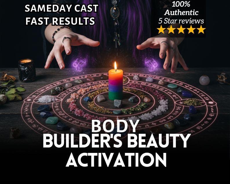 Puede incluir: Una vela de pilar multicolor se encuentra en el centro de un diagrama circular sobre una superficie oscura, rodeada de varias piedras peque&ntilde;as y hierbas. Texto: SAMEDAY CAST FAST RESULTS, 100% Authentic 5 Star reviews, BODY BUILDER'S BEAUTY ACTIVATION.